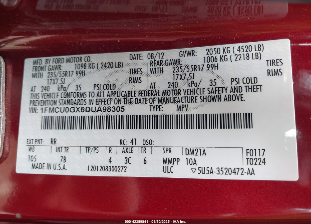 2013 FORD ESCAPE VIN: 1FMCU0GX6DUA98305