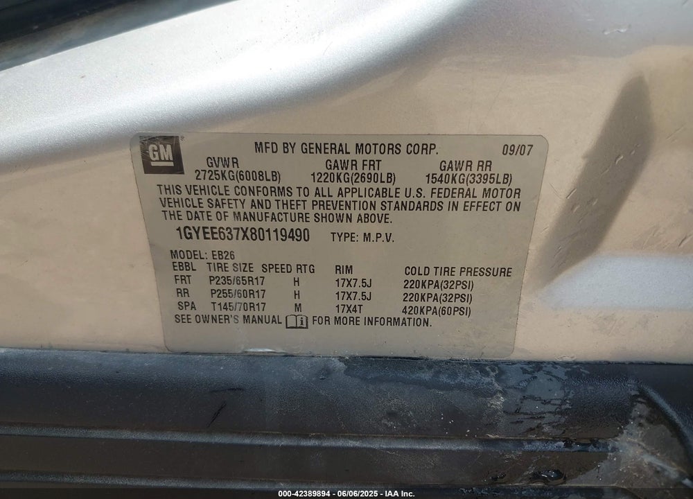 2008 CADILLAC SRX V6 VIN: 1GYEE637X80119490