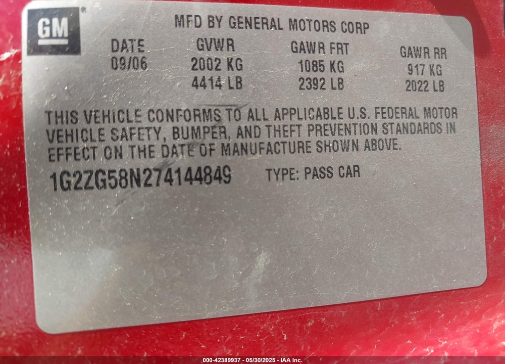2007 PONTIAC G6 VIN: 1G2ZG58N274144849
