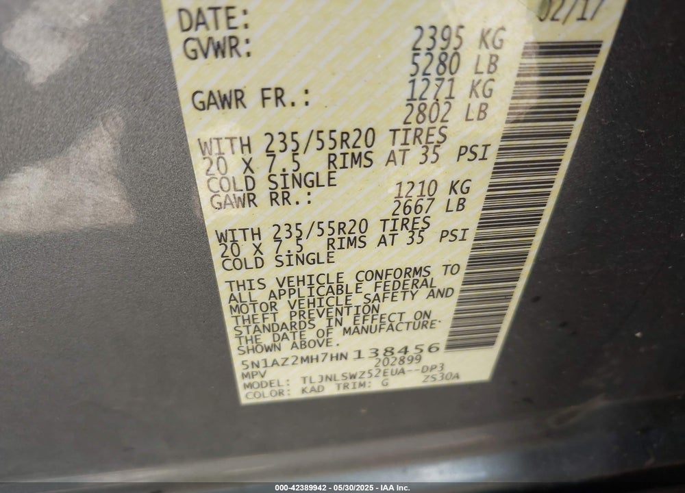 2017 NISSAN MURANO VIN: 5N1AZ2MH7HN138456