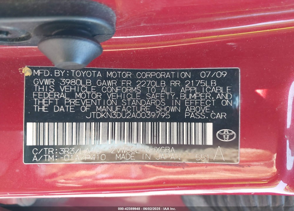 2010 TOYOTA PRIUS IV VIN: JTDKN3DU2A0039795