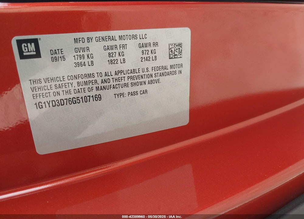 2016 CHEVROLET CORVETTE VIN: 1G1YD3D76G5107169