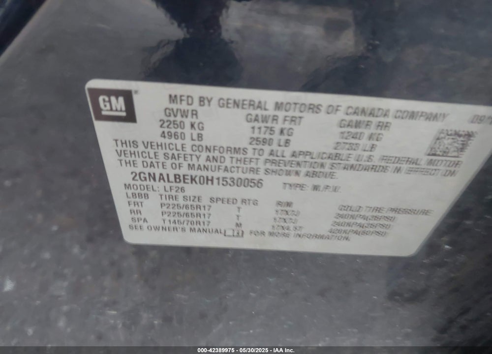2017 CHEVROLET EQUINOX VIN: 2GNALBEK0H1530056