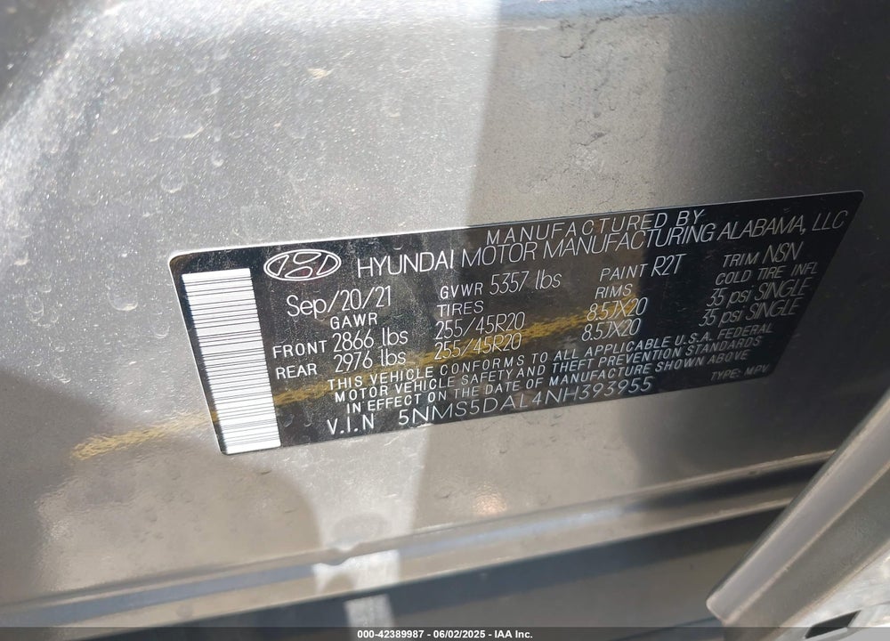 2022 HYUNDAI SANTA FE CALLIGRAPHY VIN: 5NMS5DAL4NH393955