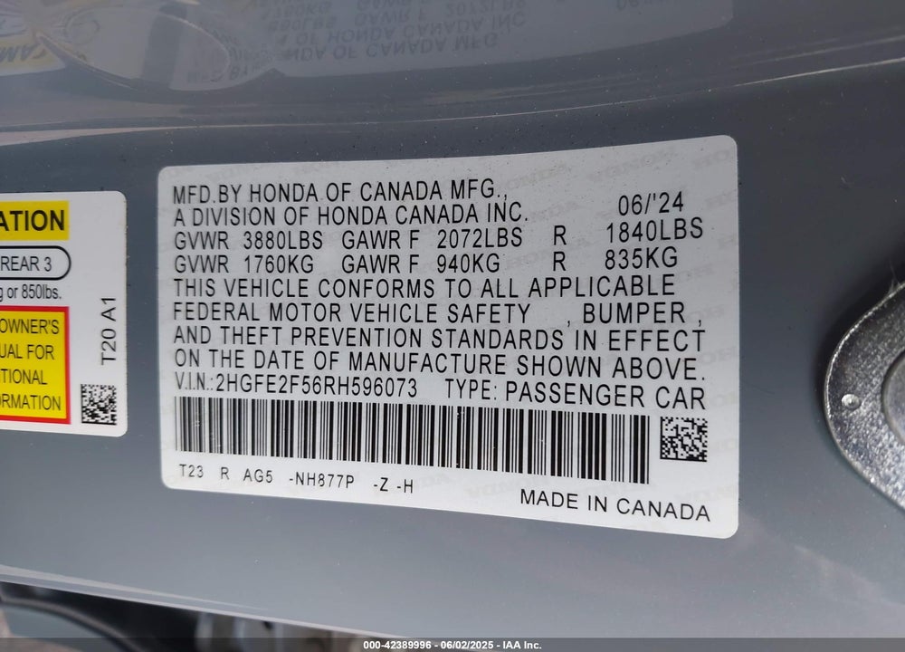 2024 HONDA CIVIC SPORT VIN: 2HGFE2F56RH596073