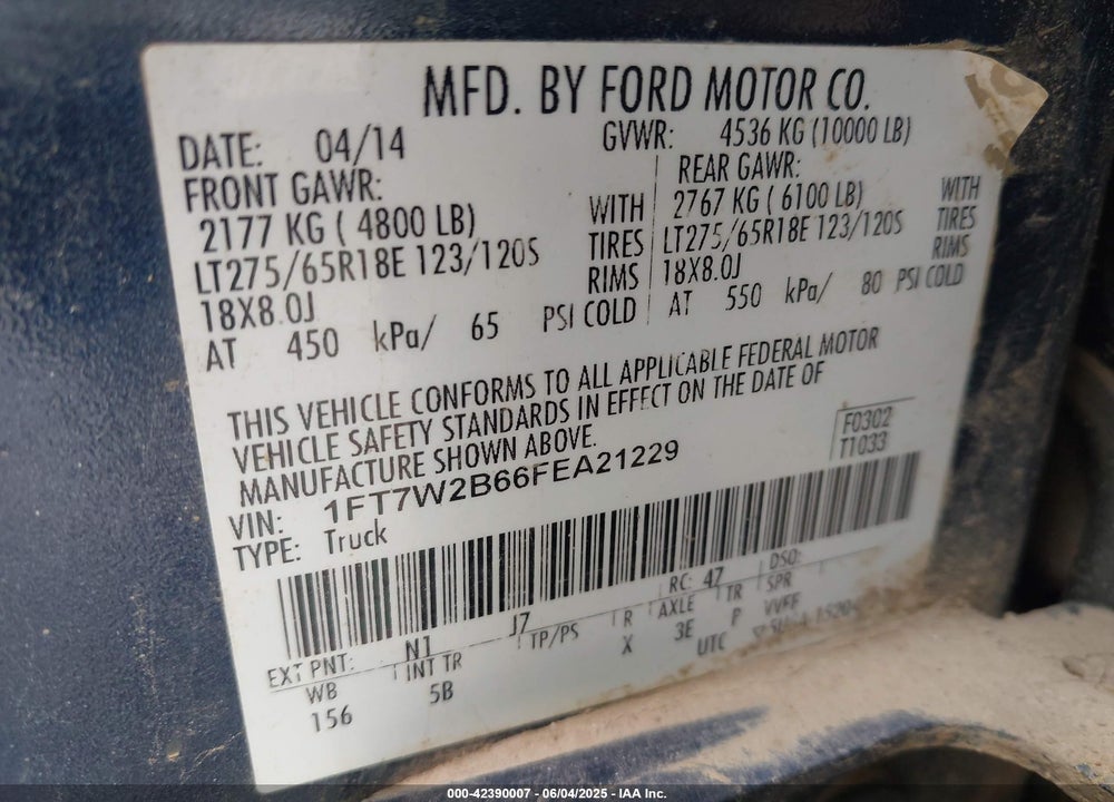 2015 FORD F-250 VIN: 1FT7W2B66FEA21229