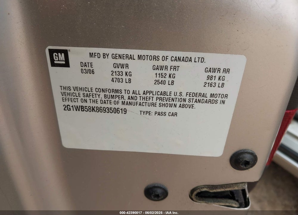 2006 CHEVROLET IMPALA LS VIN: 2G1WB58K869350619