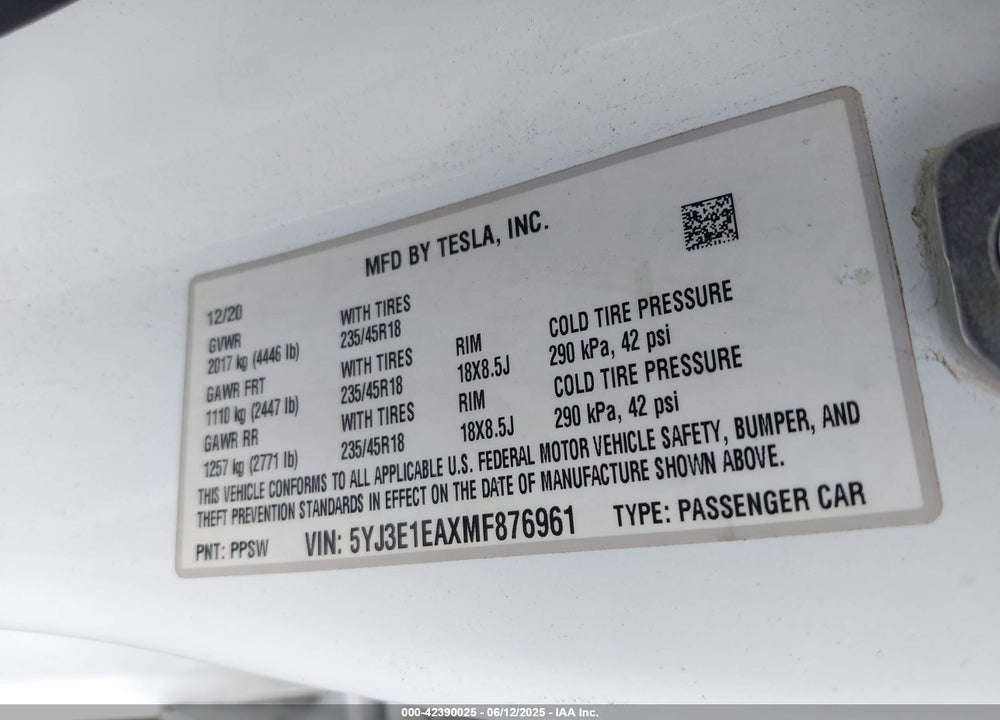 2021 TESLA MODEL 3 VIN: 5YJ3E1EAXMF876961
