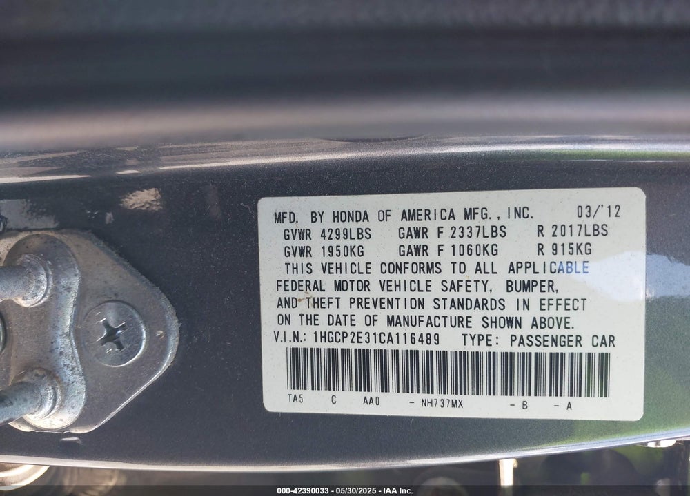 2012 HONDA ACCORD VIN: 1HGCP2E31CA116489