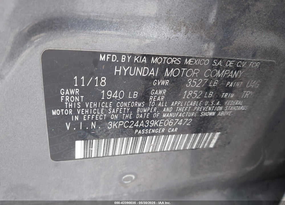 2019 HYUNDAI ACCENT VIN: 3KPC24A39KE067472