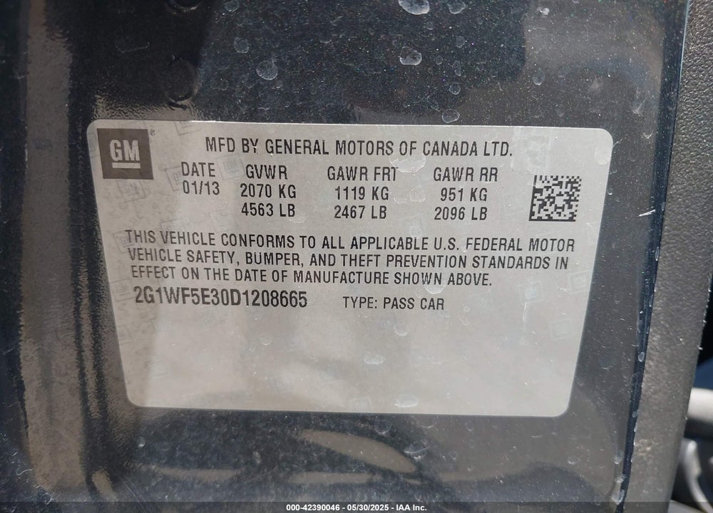 2013 CHEVROLET IMPALA VIN: 2G1WF5E30D1208665