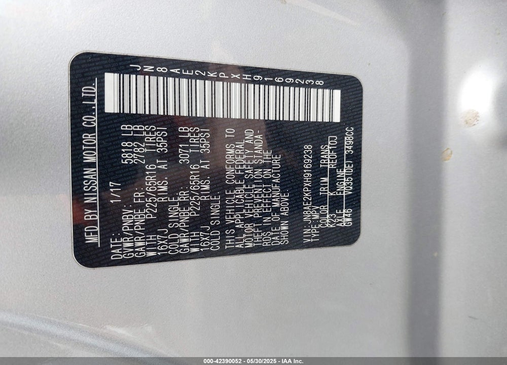 2017 NISSAN QUEST SV VIN: JN8AE2KPXH9169238