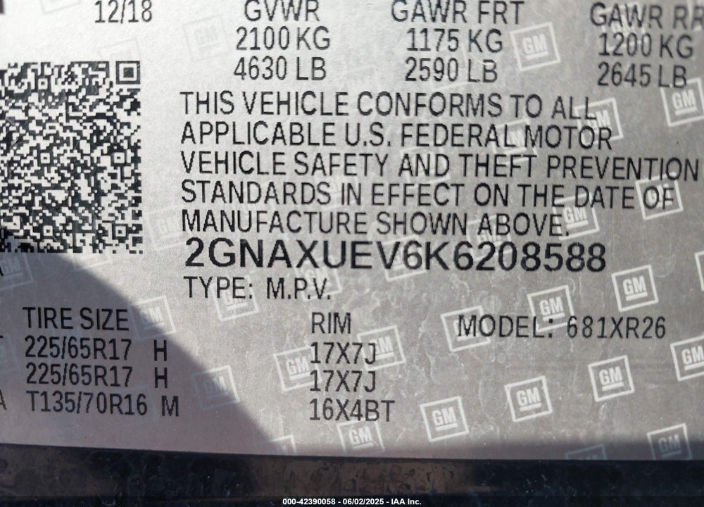 2019 CHEVROLET EQUINOX LT VIN: 2GNAXUEV6K6208588