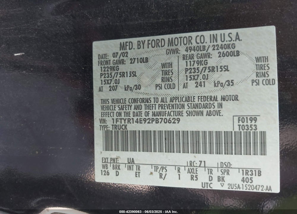 2002 FORD RANGER EDGE VIN: 1FTYR14E92PB70629