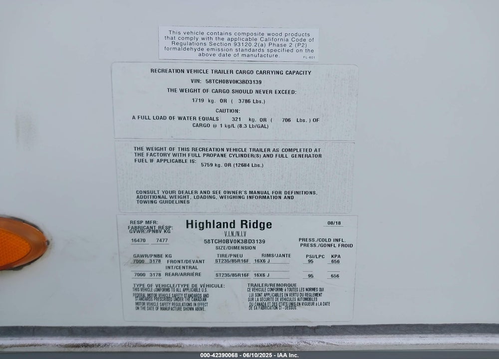 2019 HIGHLAND RIDGE OPEN RANGE VIN: 58TCH0BV0K3BD3139