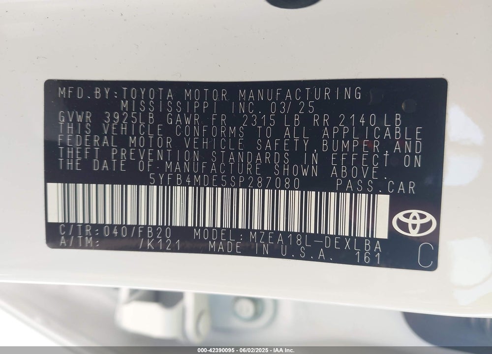 2025 TOYOTA COROLLA VIN: 5YFB4MDE5SP287080