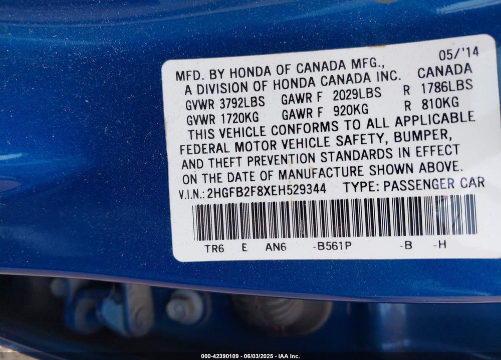 2014 HONDA CIVIC EX VIN: 2HGFB2F8XEH529344