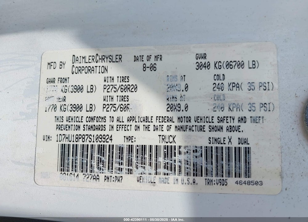 2007 DODGE RAM 1500 VIN: 1D7HU18P87S109924