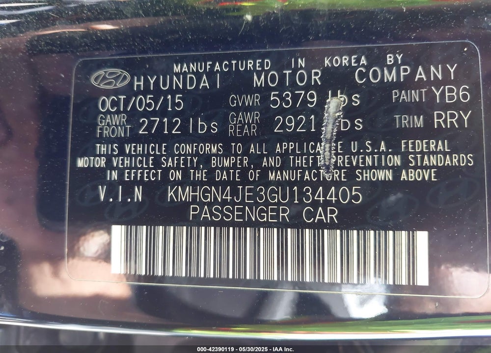 2016 HYUNDAI GENESIS VIN: KMHGN4JE3GU134405