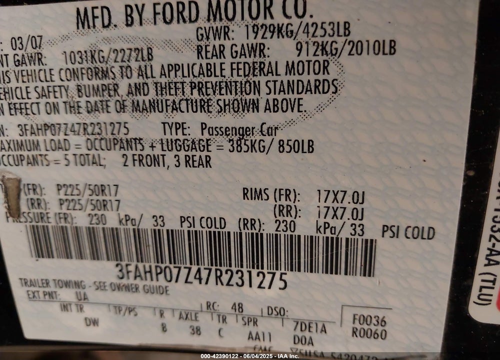 2007 FORD FUSION VIN: 3FAHP07Z47R231275