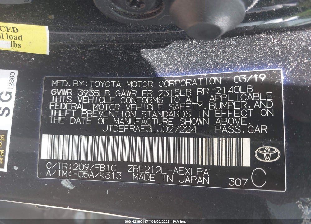 2020 TOYOTA COROLLA VIN: JTDEPRAE3LJ027224