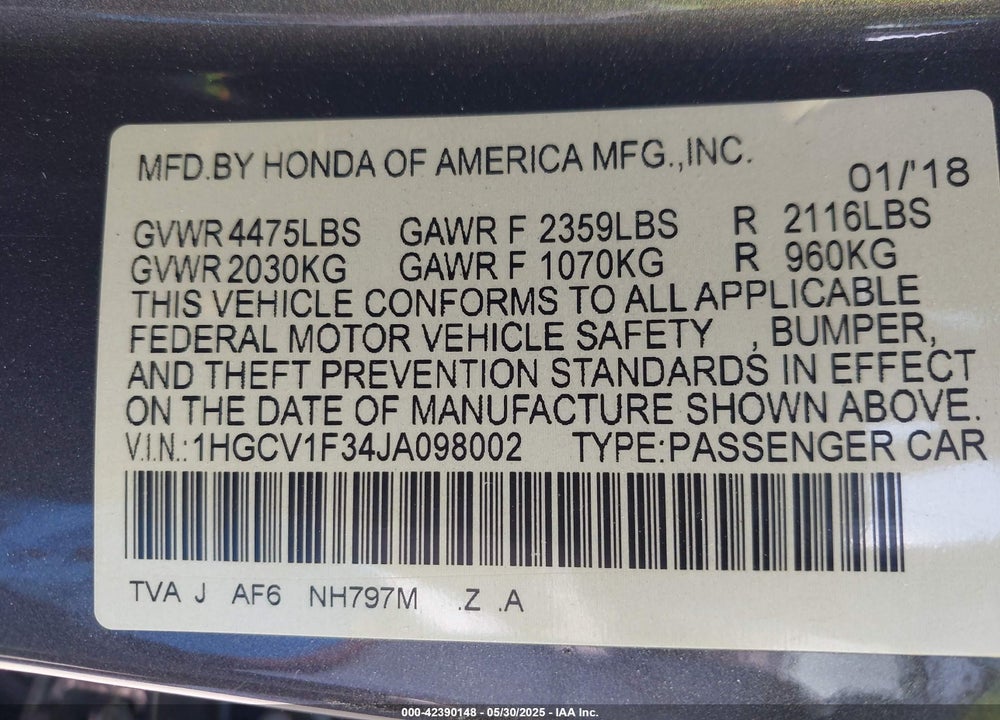 2018 HONDA ACCORD VIN: 1HGCV1F34JA098002