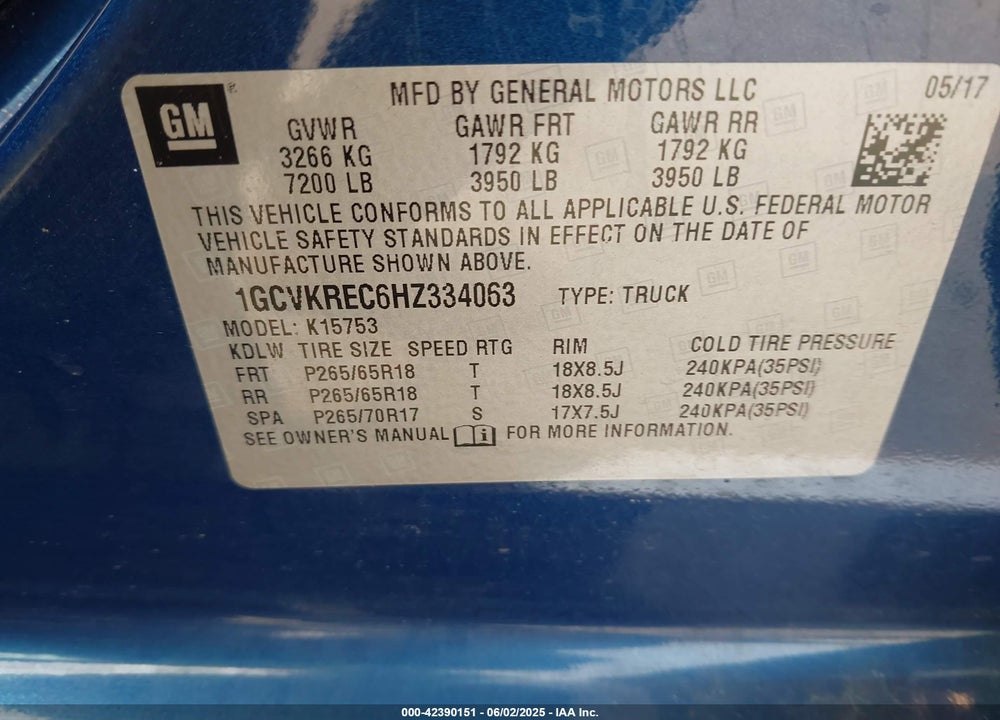 2017 CHEVROLET SILVERADO 1500 1LT VIN: 1GCVKREC6HZ334063