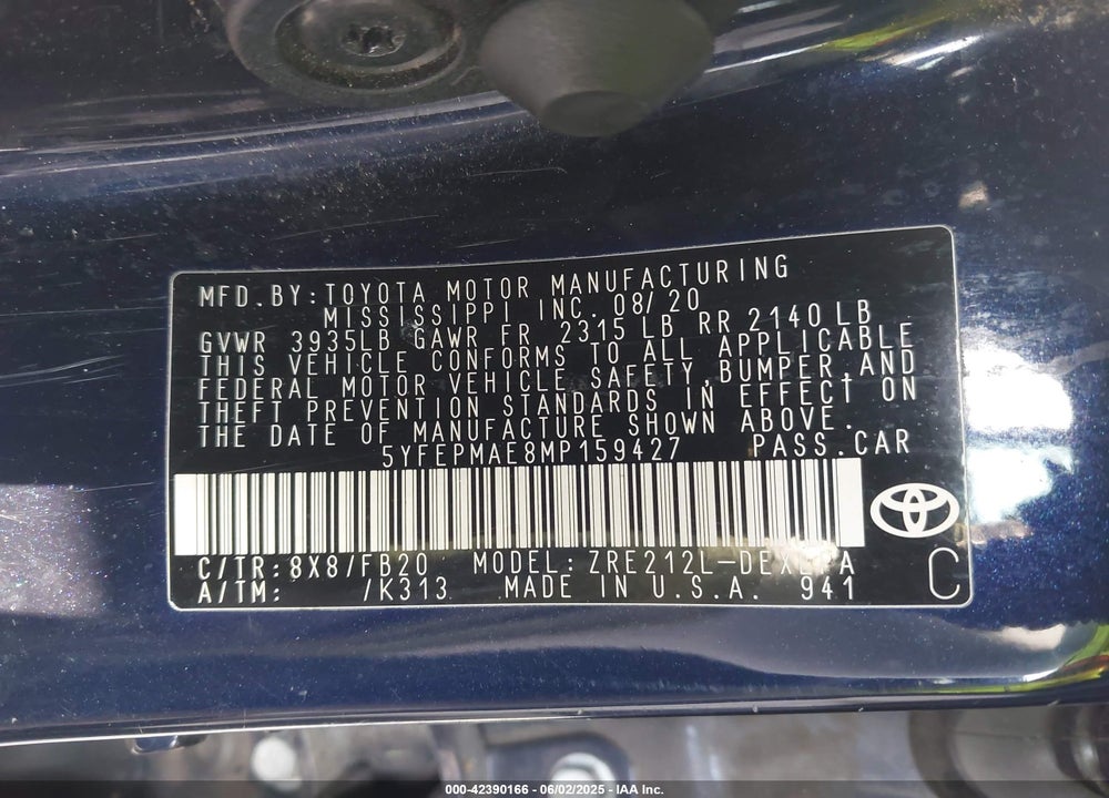 2021 TOYOTA COROLLA LE VIN: 5YFEPMAE8MP159427