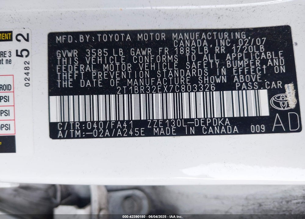 2007 TOYOTA COROLLA CE/LE/S VIN: 2T1BR32EX7C803326