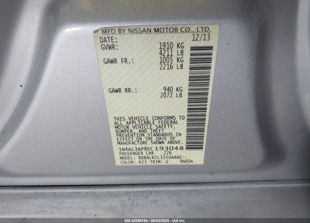 2014 NISSAN ALTIMA 2.5 S VIN: 1N4AL3AP8EC193048