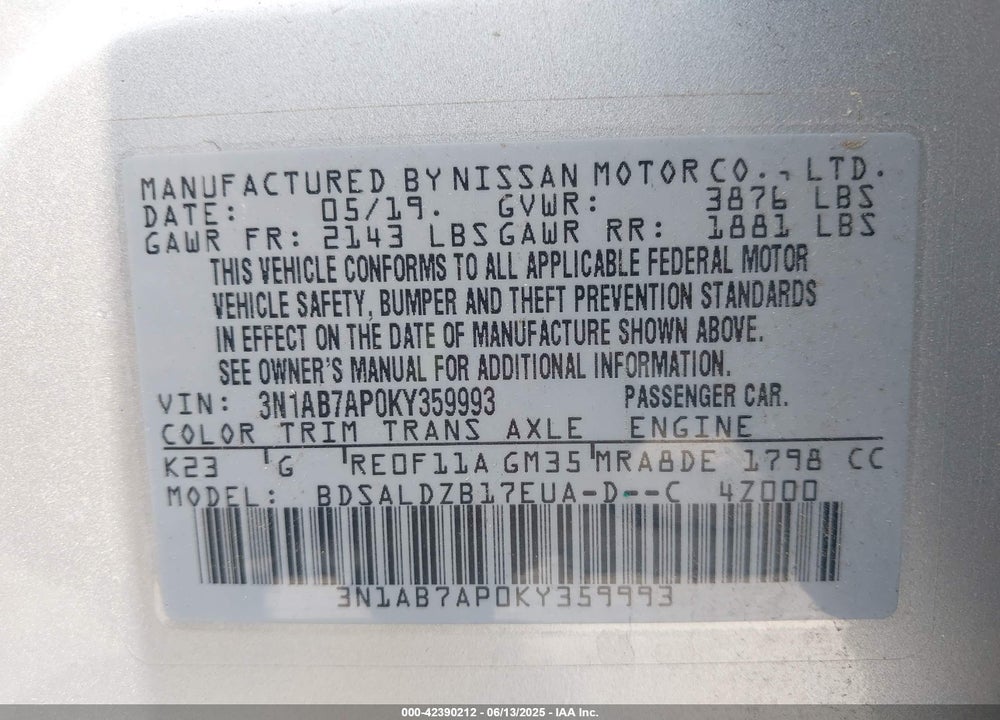 2019 NISSAN SENTRA SV VIN: 3N1AB7AP0KY359993