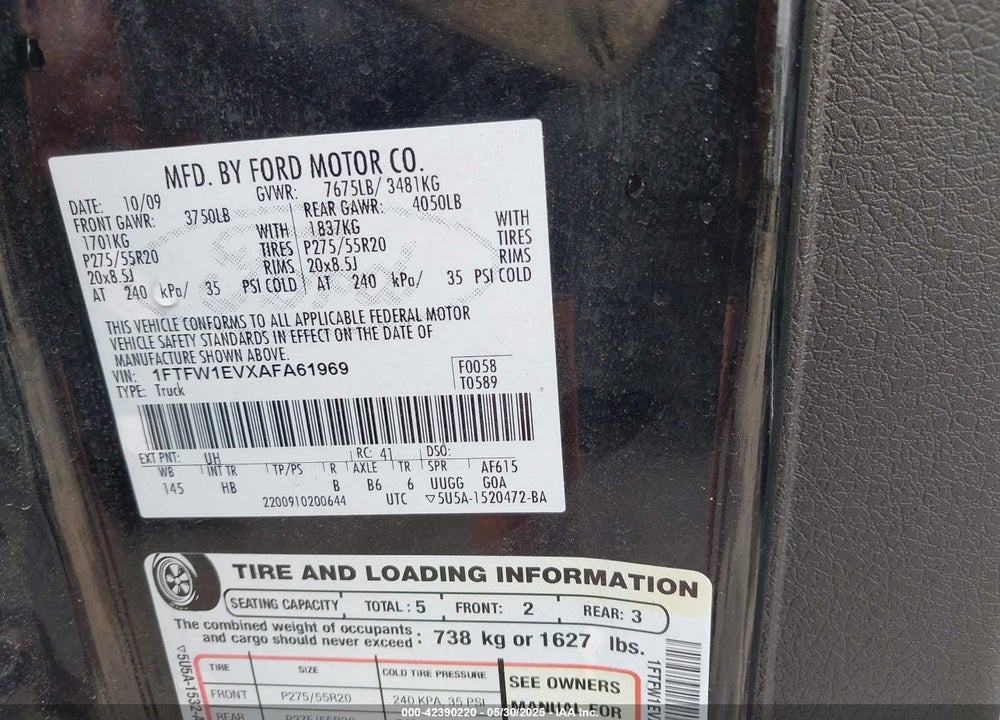 2010 FORD F-150 FX4/HARLEY-DAVIDSON/KING RANCH/LARIAT/PLATINUM/XL/XLT VIN: 1FTFW1EVXAFA61969