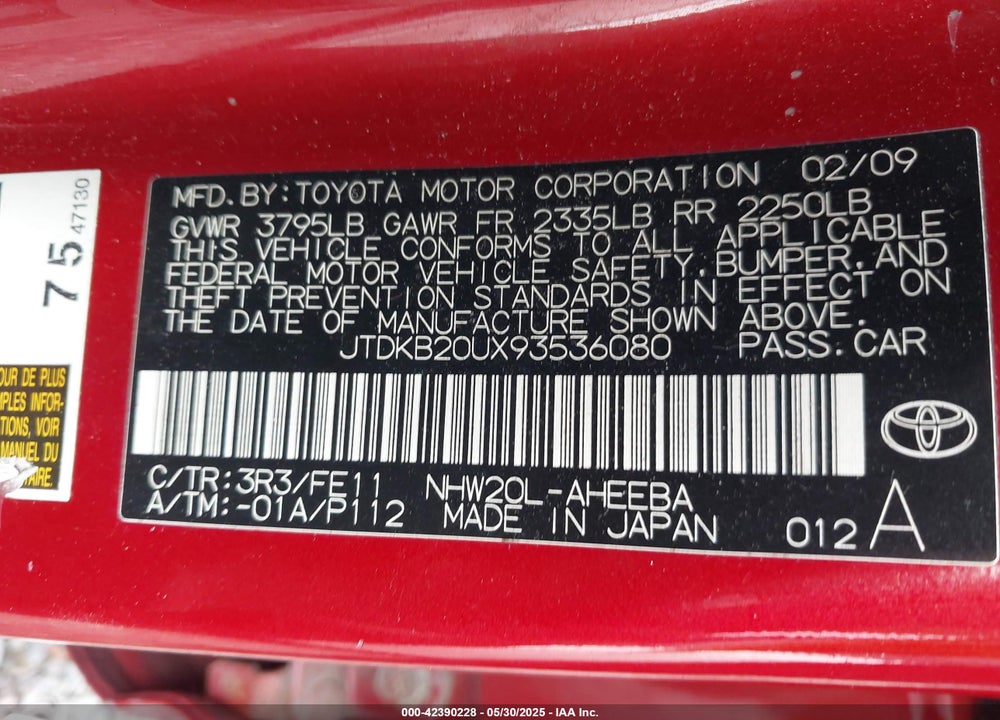 2009 TOYOTA PRIUS VIN: JTDKB20UX93536080