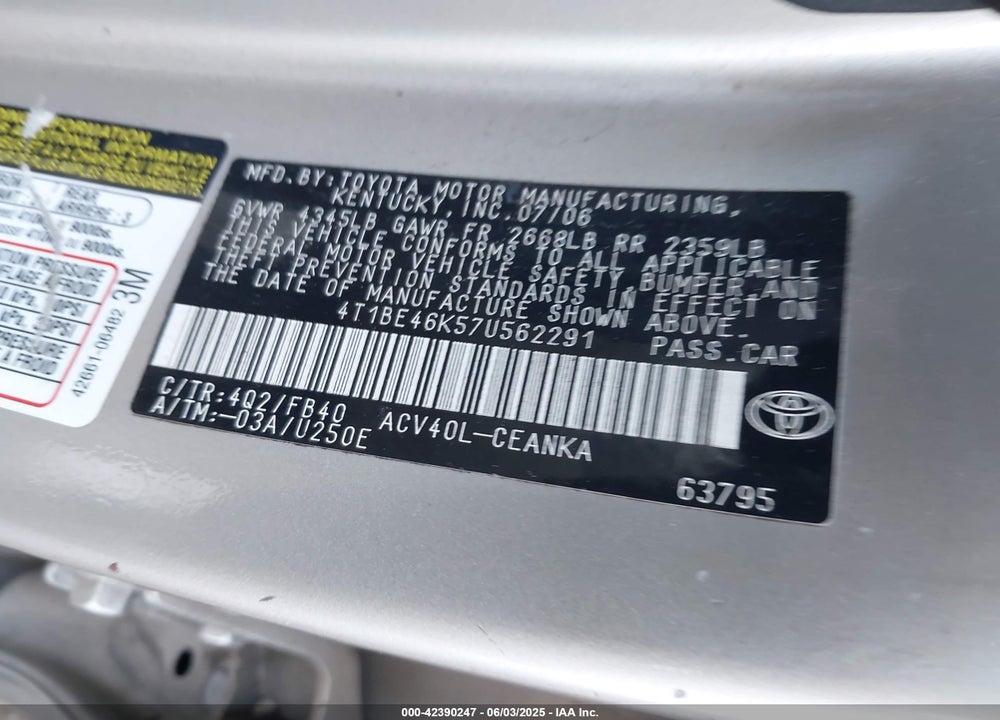 2007 TOYOTA CAMRY VIN: 4T1BE46K57U562291
