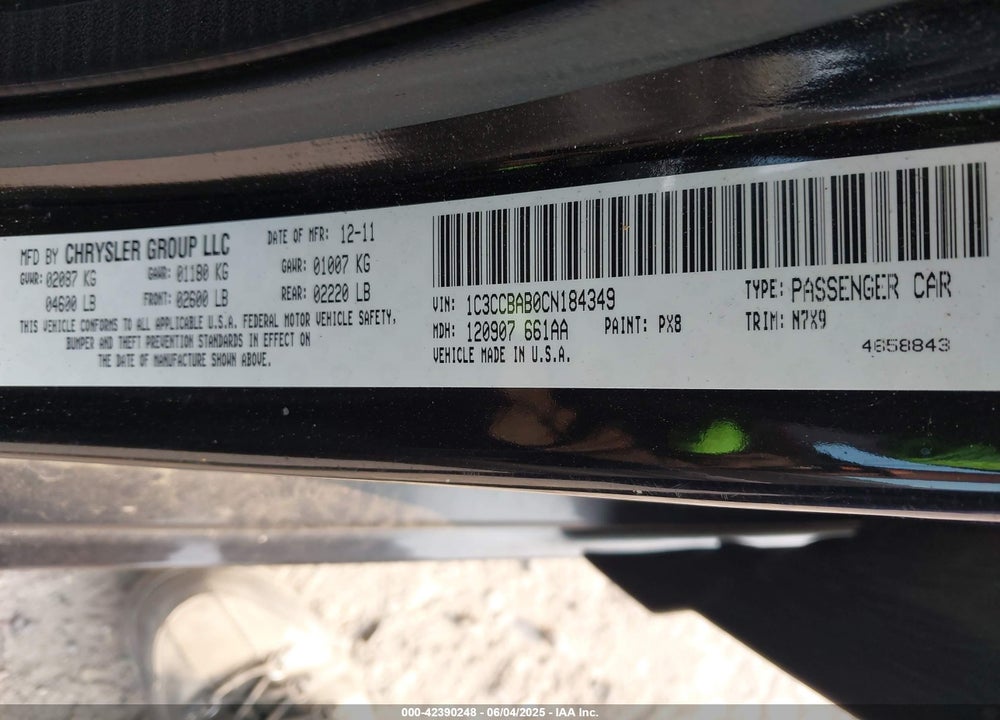 2012 CHRYSLER 200 VIN: 1C3CCBAB0CN184349