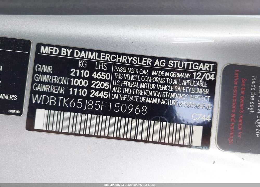 2005 MERCEDES-BENZ CLK 320 VIN: WDBTK65J85F150968