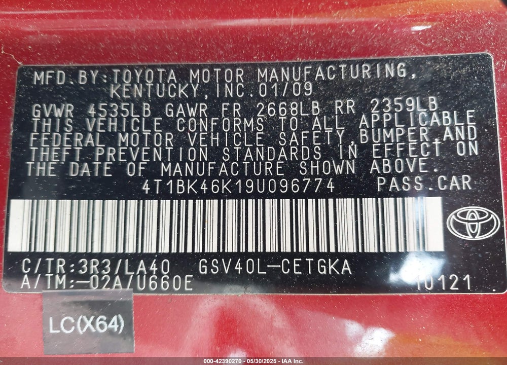 2009 TOYOTA CAMRY VIN: 4T1BK46K19U096774