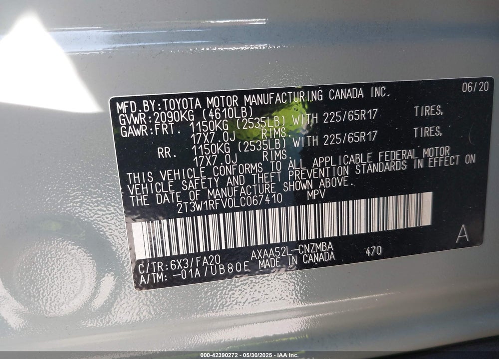 2020 TOYOTA RAV4 XLE VIN: 2T3W1RFV0LC067410