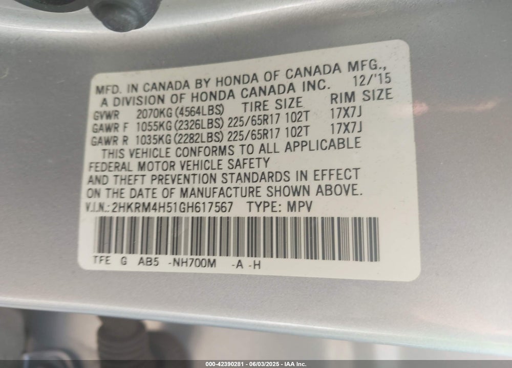 2016 HONDA CR-V EX VIN: 2HKRM4H51GH617567