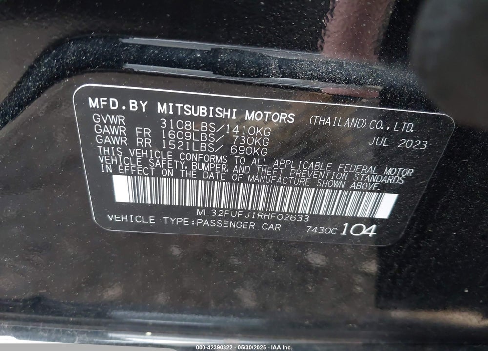 2024 MITSUBISHI MIRAGE G4 VIN: ML32FUFJ1RHF02633