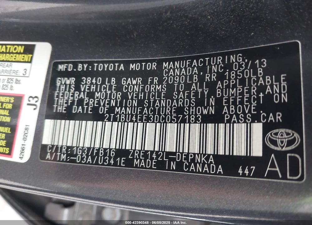2013 TOYOTA COROLLA VIN: 2T1BU4EE3DC057183