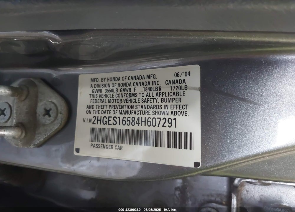 2004 HONDA CIVIC LX VIN: 2HGES16584H607291