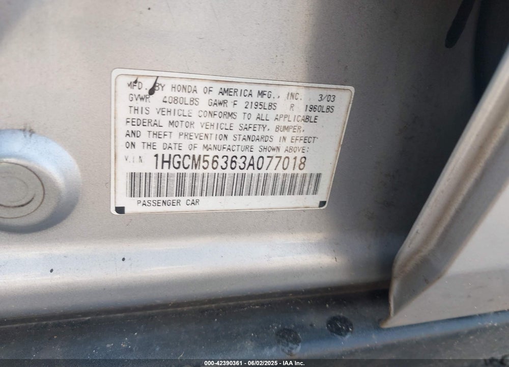 2003 HONDA ACCORD 2.4 LX VIN: 1HGCM56363A077018