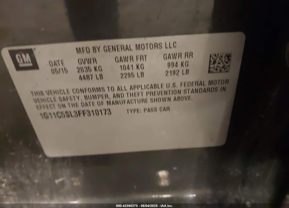 2015 CHEVROLET MALIBU VIN: 1G11C5SL3FF310173