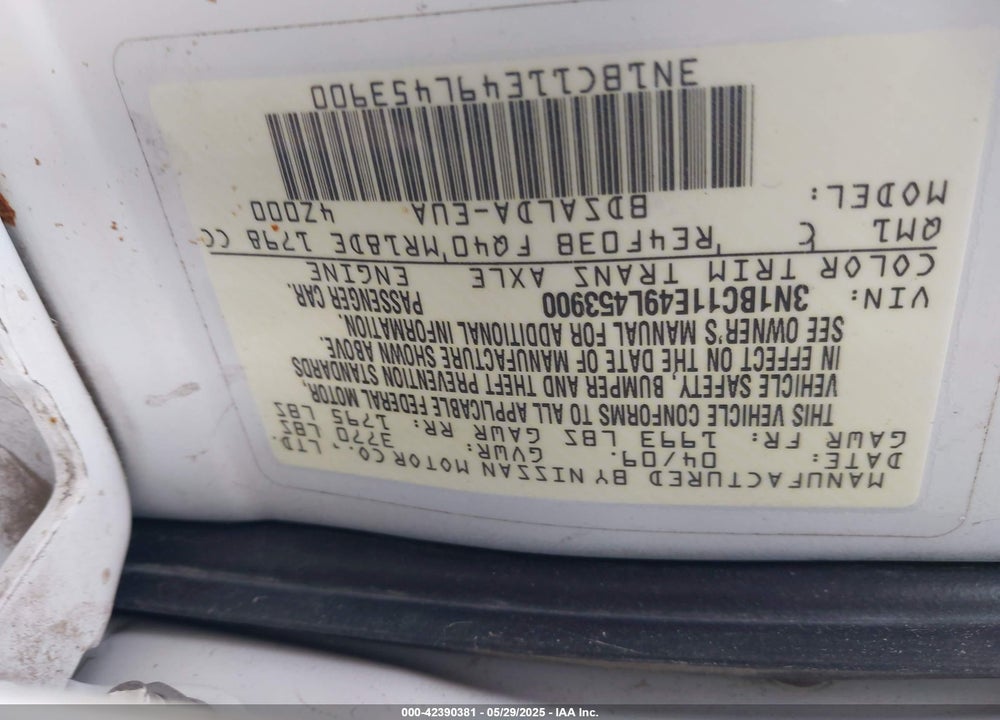 2009 NISSAN VERSA VIN: 3N1BC11E49L453900