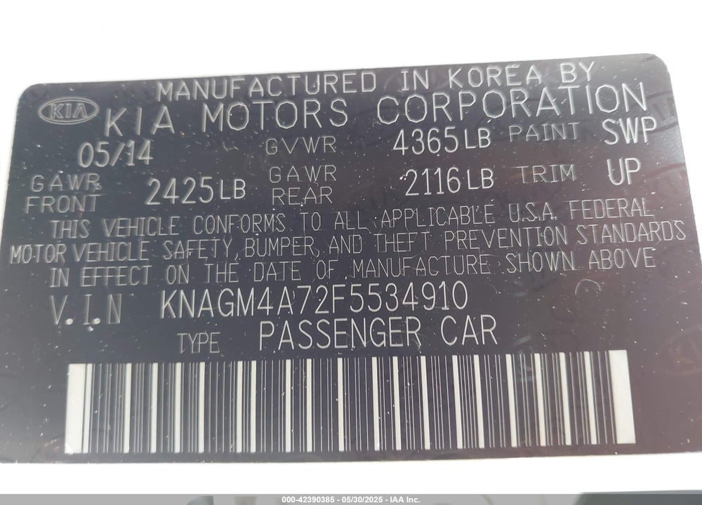 2015 KIA OPTIMA VIN: KNAGM4A72F5534910