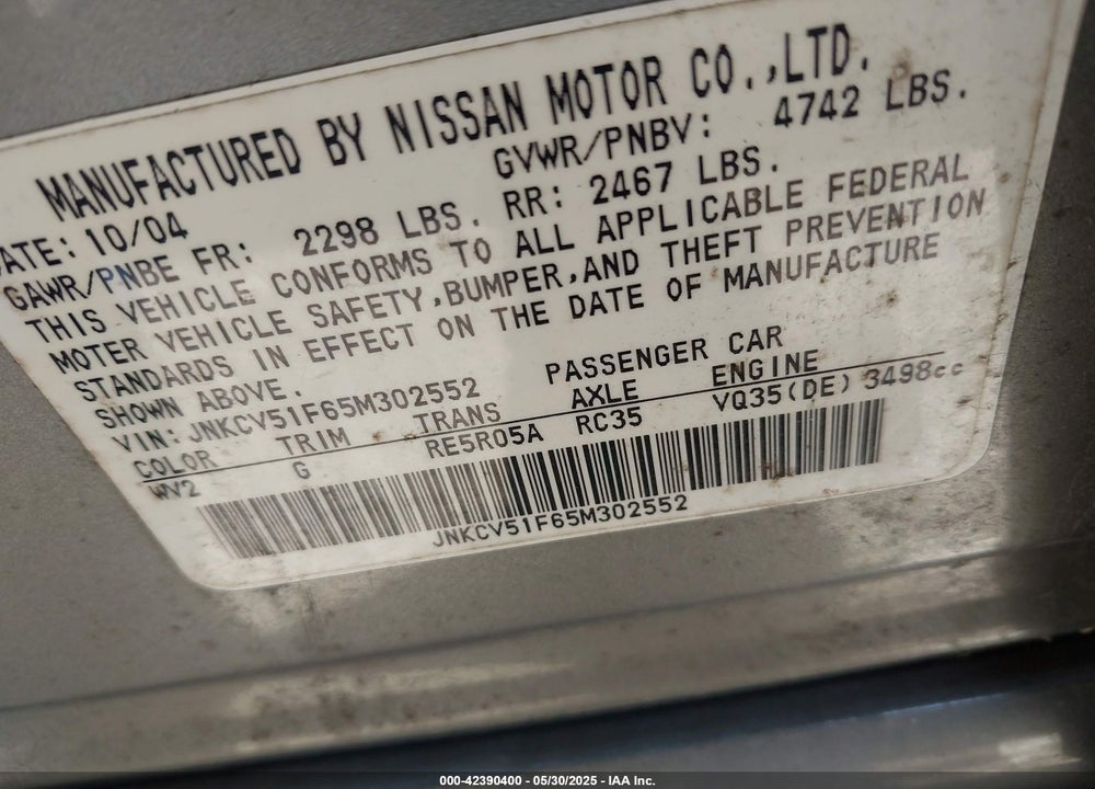 2005 INFINITI G35X VIN: JNKCV51F65M302552