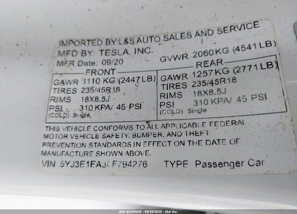 2020 TESLA MODEL 3 VIN: 5YJ3E1EA3LF794276