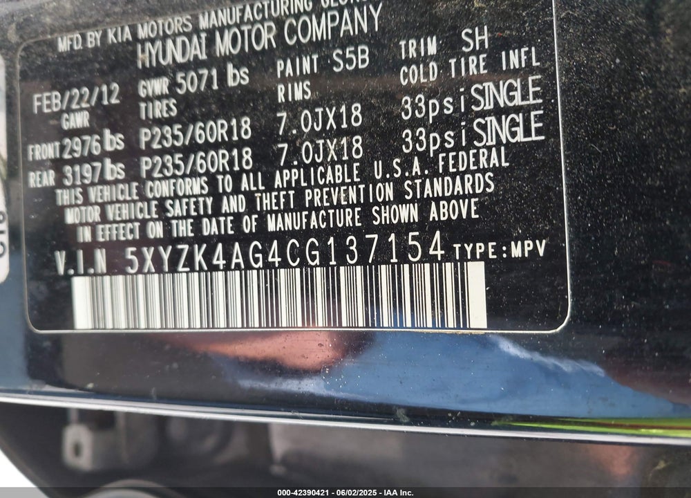 2012 HYUNDAI SANTA FE VIN: 5XYZK4AG4CG137154