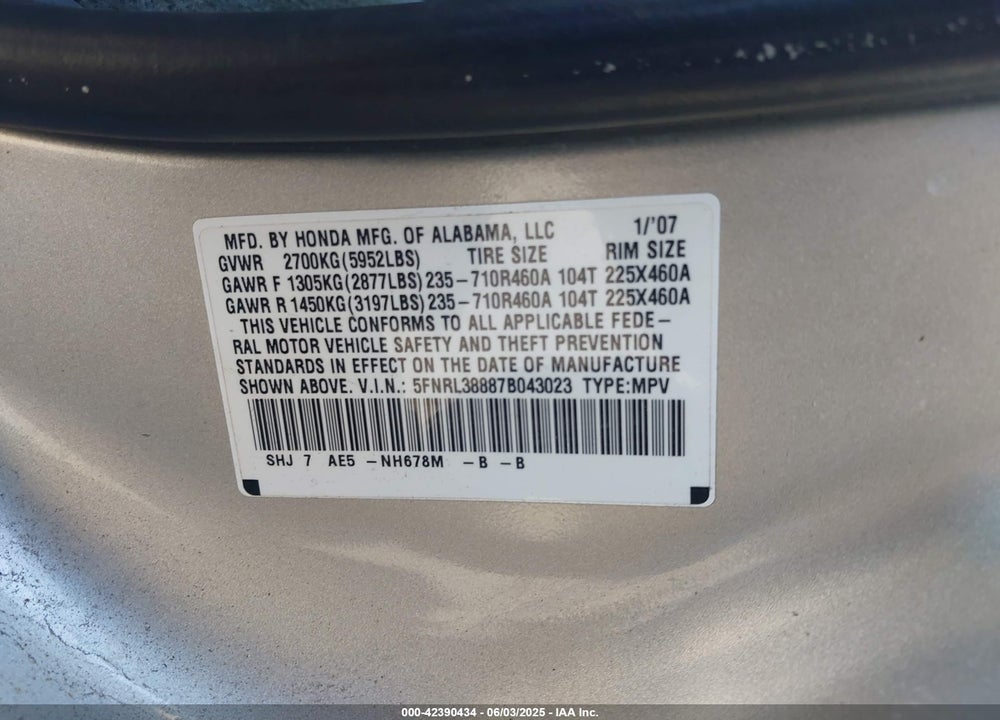 2007 HONDA ODYSSEY TOURING VIN: 5FNRL38887B043023